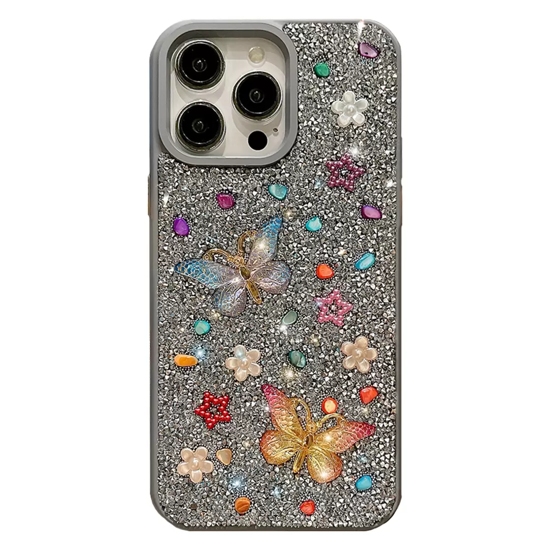 Samsung Galaxy S23 Ultra Butterfly and Diamond Bling Case Light Gray